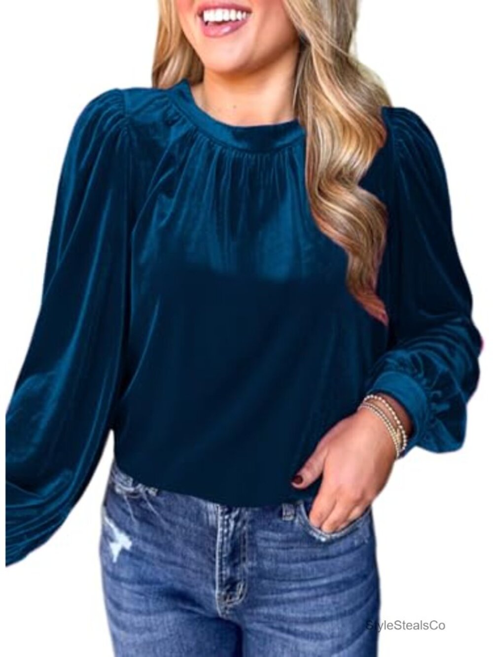 Velvet Puff Long Sleeve Ruched Tunic Blouse